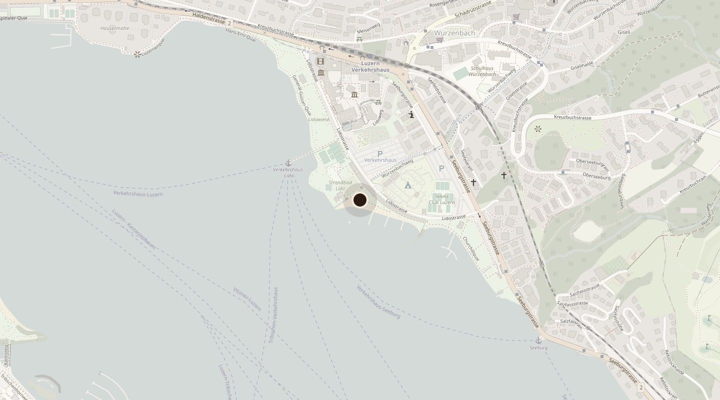Karte: Die Popup Sauna liegt im Strandbad Lido am Seeufer, gleich neben dem Verkehrshaus Luzern.